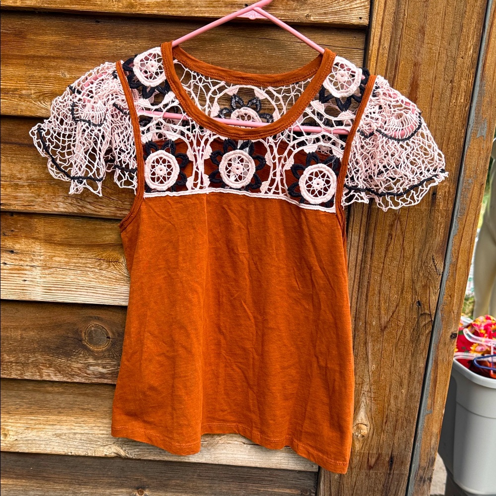 Anthropologie Orange Lace Sleeve Women's Top crochet shoulders